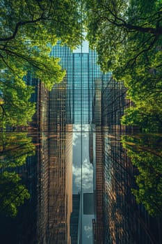 Mirrored skyscrapers reflect the greenery of the trees