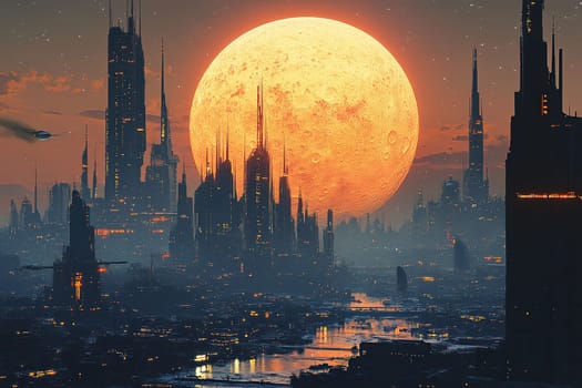 Cyber realistic depiction of a city of the future with flying transport against the backdrop of a giant moon.