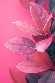Vertical pink background with the image of a branch with pink leaves and water drops.