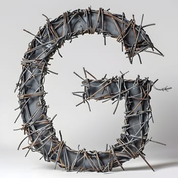 The letter g is created using a twig intertwined with barbed wire, resembling a unique art piece. The headgear shows a circle rim made of wood and metal elements, resembling an automotive tire font