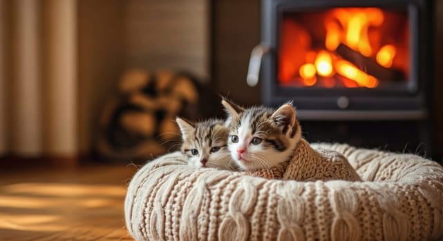 Winter image of cute pets. Comfort in the house. Space heating and saving electricity. Copy space. Generated by AI. Banner for web pages.Image for pet food and accesories promotions