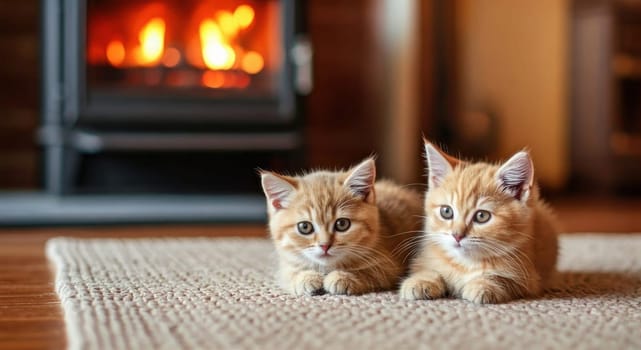 Winter image of cute pets. Comfort in the house. Space heating and saving electricity. Copy space. Generated by AI. Banner for web pages
