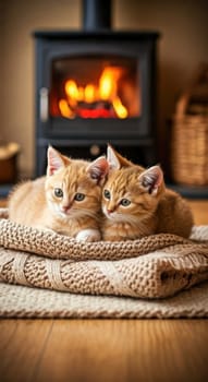 Winter image of cute pets with fireplace crackling on blurred background.Comfort in the house. Space heating and saving electricity. Copy space. Generated by AI. Vertical format, ideal for social media postings