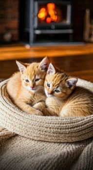 Winter image of cute pets. Comfort in the house. Space heating and saving electricity. Copy space. Generated by AI. Vertical format, ideal for social media postings