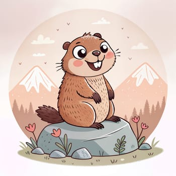 logo of a cute marmot with a broad smile sitting on a rock, surrounded by colorful flowers and mountains in the background, showcasing a playful forest setting - Generative AI
