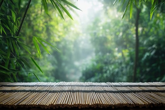 Blurred photo of tropical forest with bamboo mat in foreground for product advertisement. Natural background.
