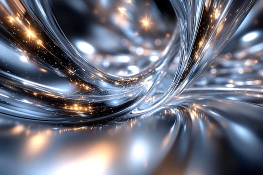 Abstract bright background with reflection of golden light glare on metal surface.