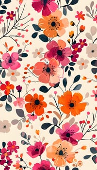 A creative arts textile pattern featuring colorful flowers and leaves in pink and peach tones on a white background, inspired by flowering plants