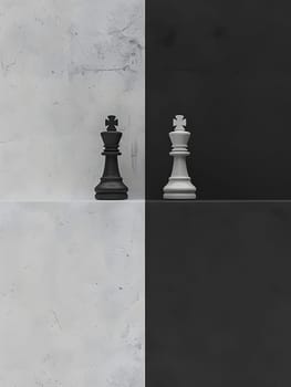 A monochrome photograph featuring two chess pieces symmetrically placed on a rectangular table, showcasing tints and shades in indoor games and sports recreation