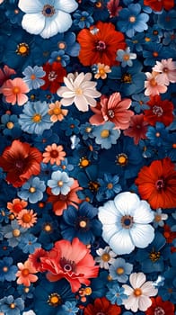 A vibrant display of red, white, and blue flowers contrasts against a dark blue background. The creative arts of nature come alive with this stunning combination of colors and textures