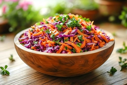 A bowl of colorful spring vegetable salad with grated carrots and shredded purple cabbage stands on a wooden table. Healthy eating. Vegetarian food. AI generated.