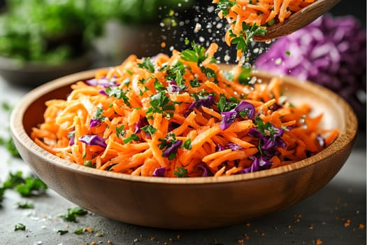 A bowl of colorful spring vegetable salad with grated carrots and shredded purple cabbage stands on a wooden table. Healthy eating. Vegetarian food. AI generated.