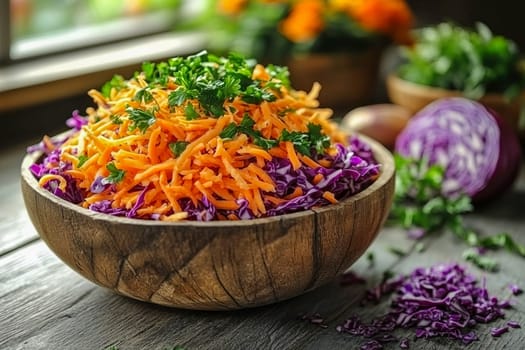 A bowl of colorful spring vegetable salad with grated carrots and shredded purple cabbage stands on a wooden table. Healthy eating. Vegetarian food. AI generated.