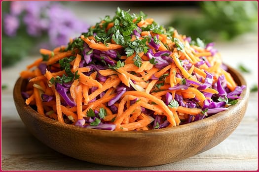 A bowl of colorful spring vegetable salad with grated carrots and shredded purple cabbage stands on a wooden table. Healthy eating. Vegetarian food. AI generated.