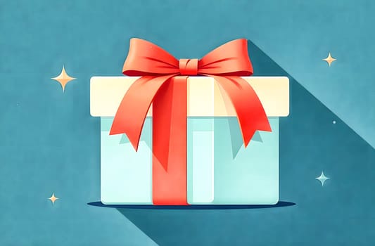 A beautifully wrapped gift box with a vibrant red ribbon surrounded by sparkling stars on a calming blue backdrop.