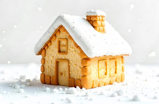 A beautifully crafted gingerbread house is decorated with snow-like icing, capturing the festive spirit of Christmas and New Year.