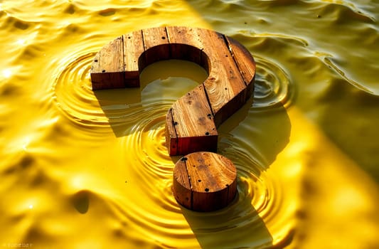 A wooden question mark drifts on tranquil water, surrounded by shimmering golden reflections during sunset.