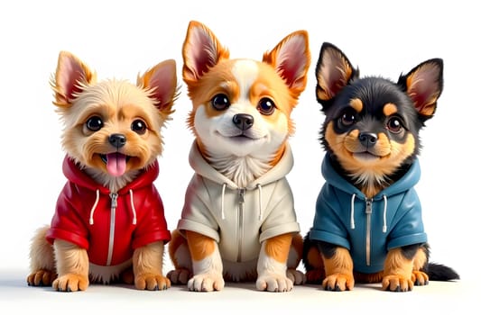 Three adorable small dogs wear hoodies while sitting close together, showcasing their distinct personalities and bright colors.