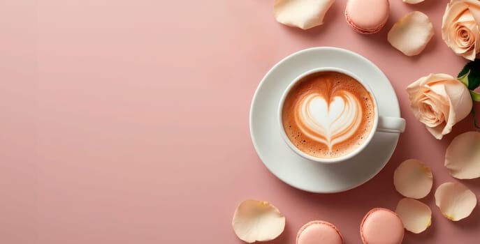 Beautiful breakfast. Flat lay style. Image for valentine's day post. Delicate and romantic image with space for text, pastel colors. Graphic resources for mother's day and valentine's day postcard background