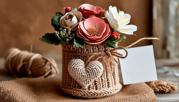 Horizontal image for Valentine's Day posts.Rustic knitted heart and handmeade flowers. Mocha Mousse Color Palette.Graphic resources for mother's day and valentine's day greetings.