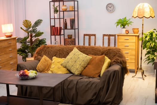 A cozy, warm, and inviting living room that features a stylish sofa, decorative decor, and beautiful plants
