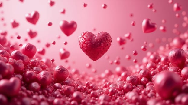 A pink background with many red hearts scattered throughout. The background is bright and cheerful, giving off a happy and loving vibe