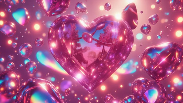A heart made of bubbles with a tree in the middle. The bubbles are pink and the heart is surrounded by them