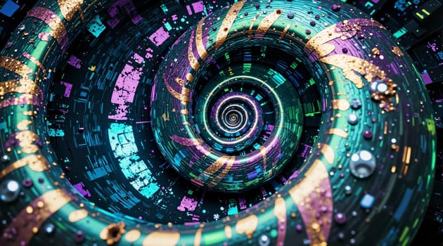 A spiral of colors and shapes with gold and silver accents. The spiral is surrounded by a dark background