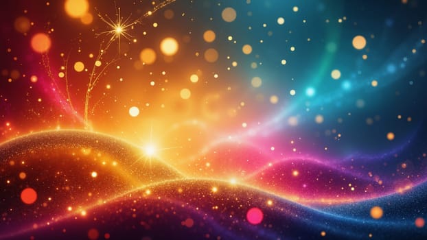 A colorful, glowing, and dynamic background with a bright yellow sun in the center. The sun is surrounded by a multitude of sparkling stars, creating a sense of wonder and excitement