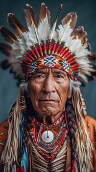 a native american man is wearing a feathered headdress . High quality