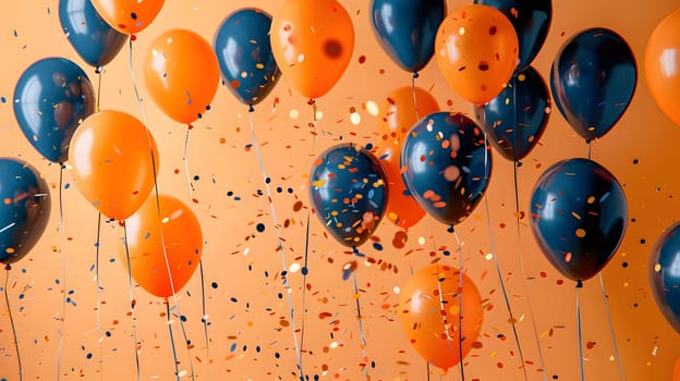 a bunch of orange and blue balloons and confetti are flying in the air . High quality