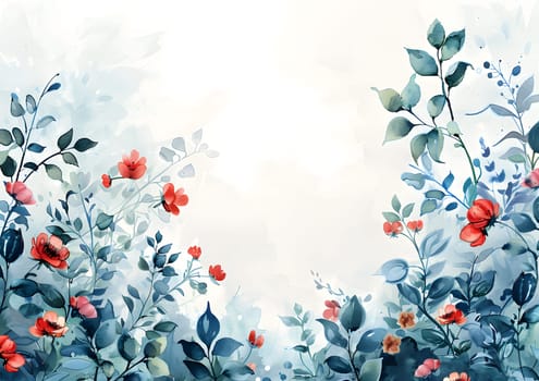 A delicate watercolor painting featuring red flowers with green leaves on a white background, showcasing the beauty of plant organisms in nature