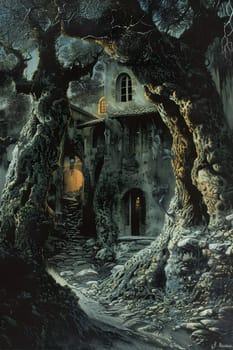 Among twisted trees, a haunting house stands eerily in the dark of the night