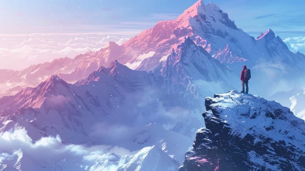 A climber stands triumphantly on a snowy peak, surveying the stunning and breathtaking mountainous scenery below