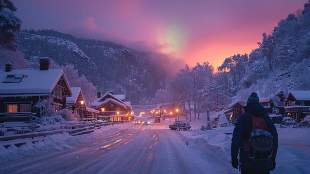 A breathtakingly picturesque winter village scene showcasing glowing auroras above charming, cozy cabins