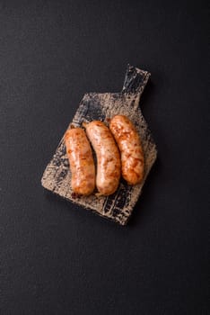 Grilled sausages with spices and herbs. Top view flat lay. With copy space