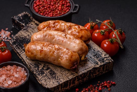 Grilled sausages with spices and herbs. Top view flat lay. With copy space