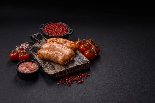 Grilled sausages with spices and herbs. Top view flat lay. With copy space