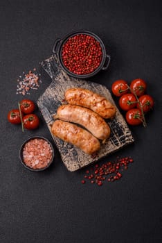 Grilled sausages with spices and herbs. Top view flat lay. With copy space