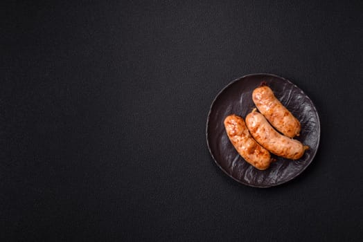 Grilled sausages with spices and herbs. Top view flat lay. With copy space