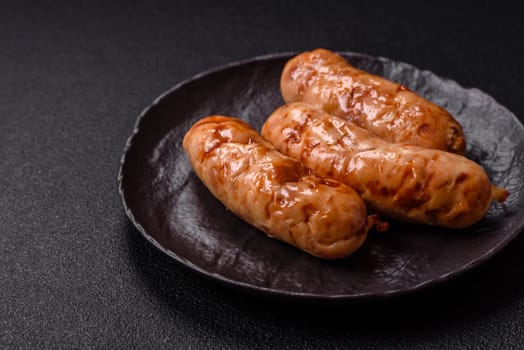 Grilled sausages with spices and herbs. Top view flat lay. With copy space