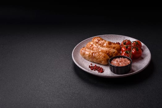 Grilled sausages with spices and herbs. Top view flat lay. With copy space