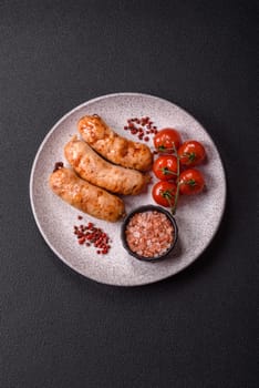 Grilled sausages with spices and herbs. Top view flat lay. With copy space