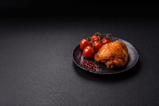 Delicious juicy chicken thighs baked with salt, spices and herbs in a ceramic plate on a dark concrete background