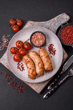 Grilled sausages with spices and herbs. Top view flat lay. With copy space