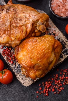 Delicious juicy chicken thighs baked with salt, spices and herbs in a ceramic plate on a dark concrete background