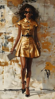 Fashionable woman in gold dress walking, background with urban artistic elements.