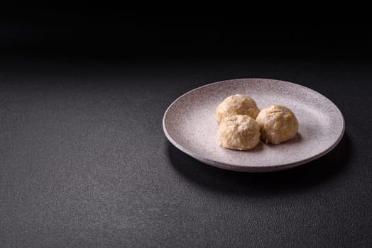 Delicious healthy steamed chicken cutlets or minced meatballs. Diet food dish