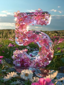 In the natural landscape, the number 5 is represented by pink flowers scattered in a field. The magenta petals create a beautiful contrast against the green grass and blue sky