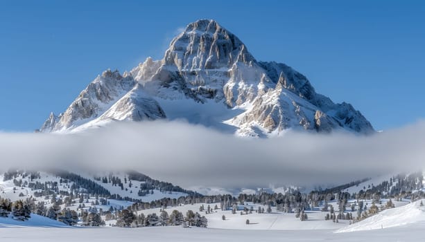 A mountainous landscape with snowcovered slopes and trees in the foreground, under a cloudy sky with a blue background